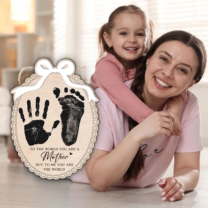 DIY Mothers Day Handprint Craft Wooden Hanging Sign, Baby's First Mothers Day Handprint Keepsake Gift with Bow, 1st New Mom Crafts Birthday Gift from Kids Activity, To The World You Are A Mother - Bow