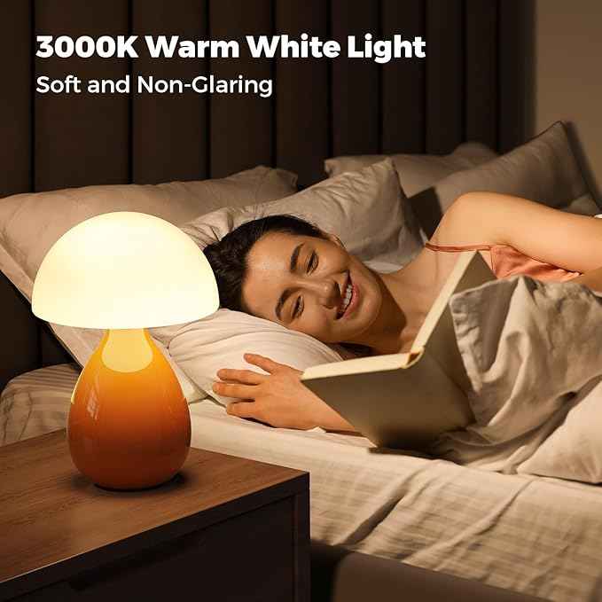 Mushroom Lamp, Vintage Small Table Lamp for Bedroom, Ice Crack Ceramic LED Night Light for Kids, Mid Century Modern Bedside Lamp for Nightstand, Living Room, Home Decor Gift Ideas for Women, Orange