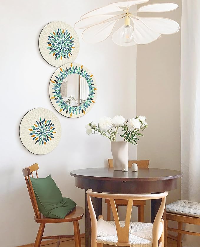 Jewel-Tone Mother of Pearl Mirror Wall Decor for Living Room, 3PCS Handmade Round Wall Art for Home Guest Room Decoration, Unique Mosaic Art Gift for Birthday Wedding Housewarming (Colored)