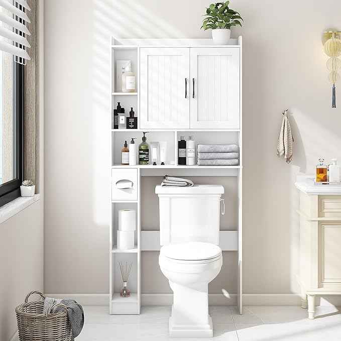 Over The Toilet Storage Cabinet, Farmhouse Storage Cabinet Over Toilet with Barn Door，Home Space-Saving Toilet Rack, for Bathroom, Restroom, Laundry