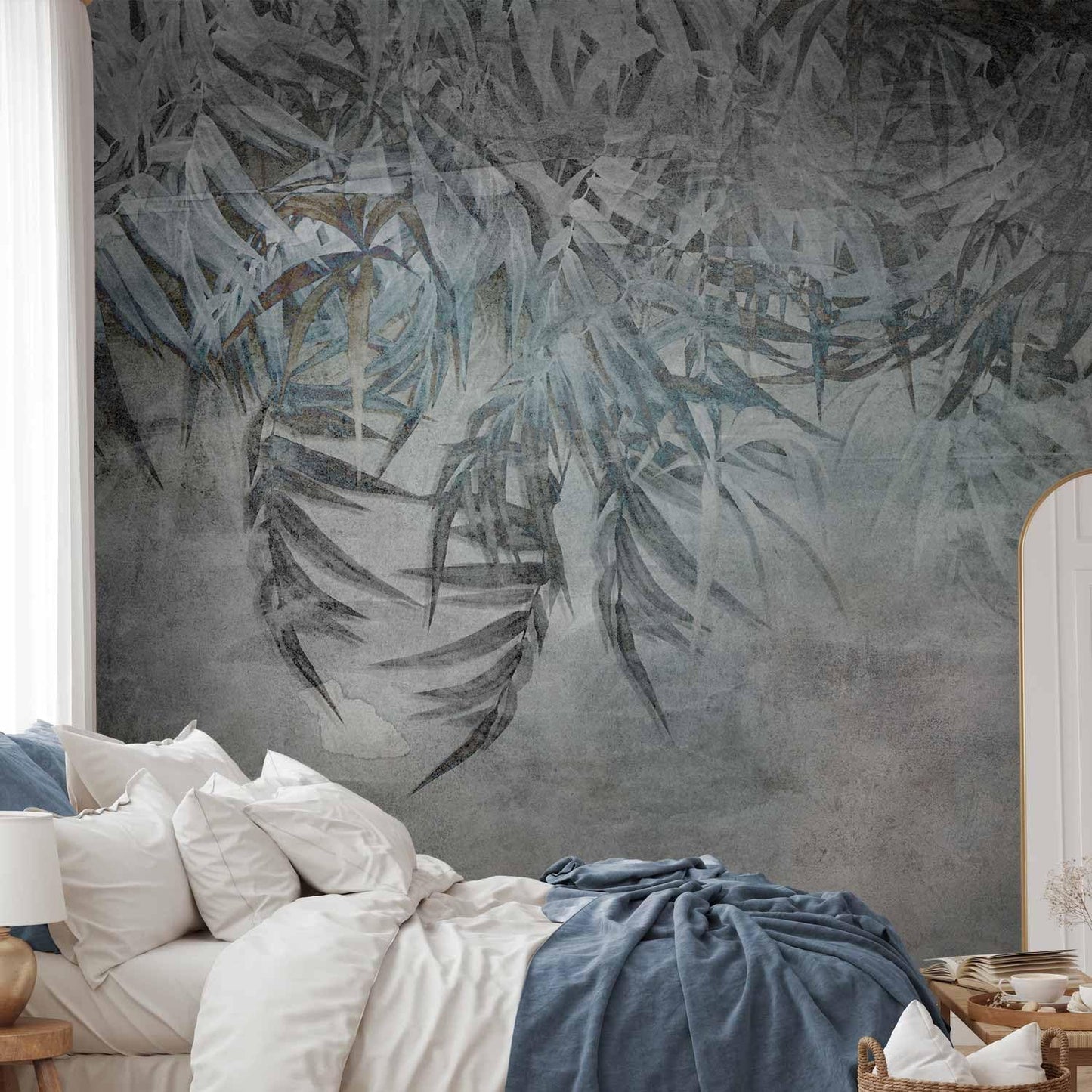 artgeist Wall Mural Leaves 173x124 in - Peel and Stick Self-Adhesive Wallpaper Removable Large Sticker Foil Wall Decor Print Picture Image Design Palm Leaves Concrete Nature Grey b-C-10103-a-a