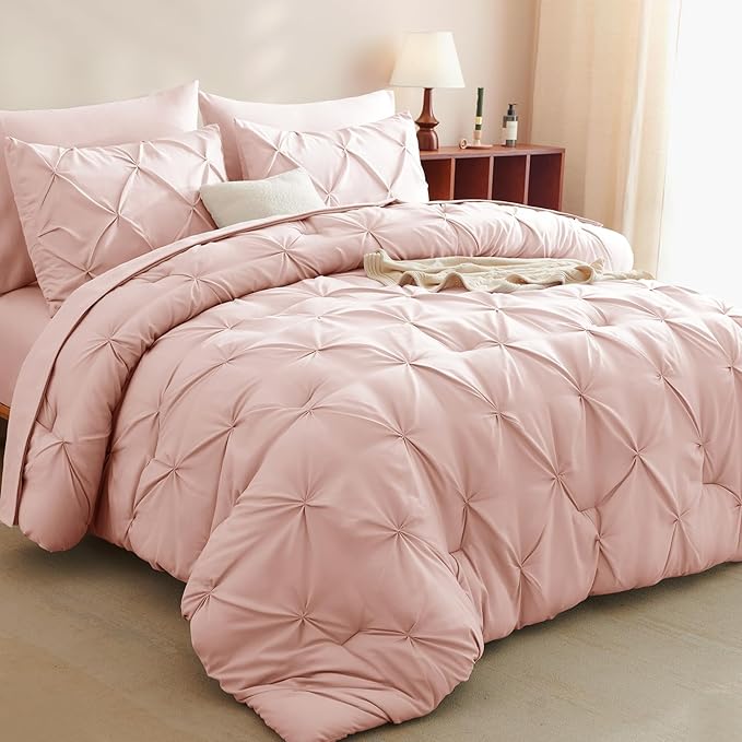 CozyLux Oversized Queen Comforter Sets Blush Pink, 7 Pieces Oversized Queen Pintuck Bed in A Bag, Pinch Pleat Bedding Sets with All Season Comforter, Flat Sheet, Fitted Sheet, Pillowcases & Shams