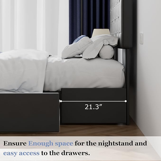 VECELO Queen Size Bed Frame with Storage Drawers, Leather Upholstered Bedframe with Diamond Tufted Headboard, Solid Wood Slat Support, No Box Spring Needed, PU Black
