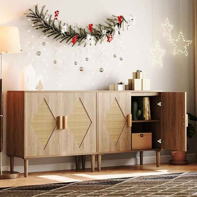 Garvee Rattan Accent Cabinet with Storage, Two-Door Sideboard with Woven Decor, Storage Buffet for Living Room, Dining Room, Entryway, Kitchen Organization