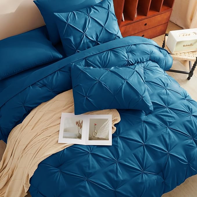 CozyLux Full Size Comforter Sets Teal, 7 Pieces Pintuck Bed in A Bag Teal Comforter Full Size, Pinch Pleat Bedding Sets with All Season Comforter, Sheets, Pillowcases & Shams