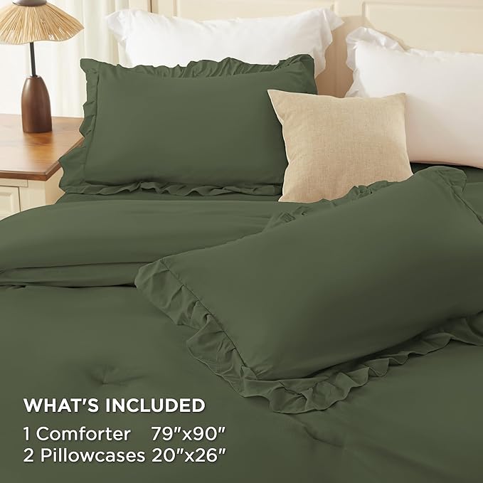 Andency Olive Green Full Size Comforter Set (79x90Inch), 3 Pieces Fluffy Shabby Chic Ruffle Bedding Comforter Sets, All Season Soft Lightweight Microfiber Bed Set