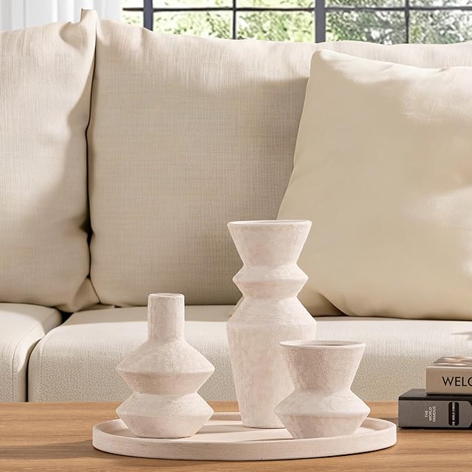 Ceramic Vase Home Table Decor - White Flower Vase Set of 3 Living Room Kitchen Decorations Farmhouse Modern Rustic Vases Decorative Centerpiece for Shelf Bedroom Office Bathroom Dining Coffee Desk
