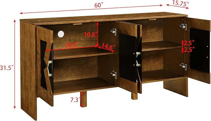 Ball & Cast 60" Mid Century Modern Sideboard Buffet Cabinet with Storage, Credenza & Media Console w/Geometric Pattern Doors & Adjustable Shelves for Living Room,Kitchen Coffee Bar,Entryway,Walnut