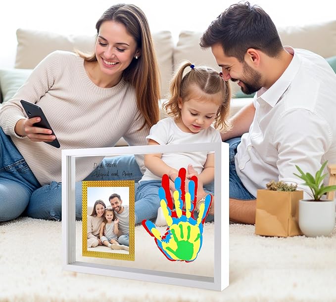 Family Handprint Keepsake Frame Kit with Photo Display – DIY 3D Floating Layered Design for Mom, Dad and Baby – Safe Non-Toxic Paint Set for Footprints – Perfect Baby Shower Gifts, New Parents Couples Keepsake, Home Decor 13.1x9.6 Inch (White)
