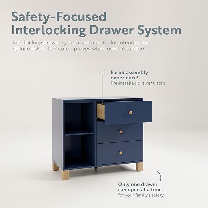 Storkcraft California 3 Drawer Combo Dresser (Midnight Blue with Driftwood) – GREENGUARD Gold Certified, Interlocking Drawer System, Pre-Installed Drawer Tracks for Easier Assembly, Spacious Cabinet