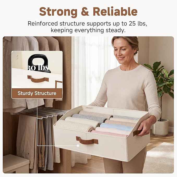 StorageWorks Closet Storage Bins, Trapezoid Organizer Box for Shelves, Fabric Clothes Bin, Foldable Organizing Baskets with Handles, Large, Ivory White, 3-Pack