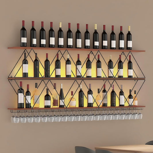 71in Wine Rack Wall Mount with Glass Holder, 3-Tier Floating Wine Rack, DIY Multi-Function Bar Wine Bottle Display Rack for Commercial Restaurants, Tea Rooms, Bars, Wine Cellars