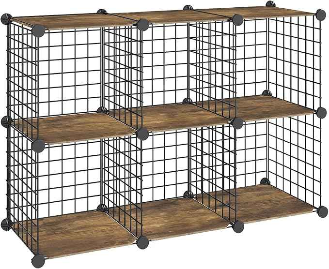 HOOBRO Wire Cube Storage Organizer, 6-Cube Shelves, Modular Shelves with Metal Grid, DIY Closet Cabinet for Living Room, Bedroom, Rustic Brown and Black BF06CW01