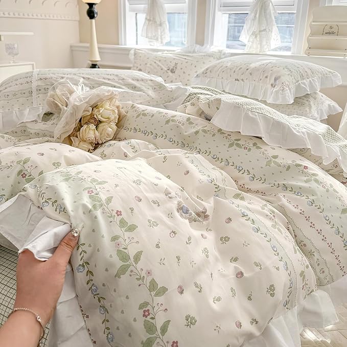 LifeTB Botanical Floral Comforter Set Full Size Cute Flower Leaves Rabbit Pattern Comforter Reversible Green Plaid Comforter Girls Princess Bedding Set Lace Ruffle Comforter Set for Kids Teen Girls