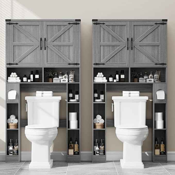 Vabches Over The Toilet Storage Cabinet, Farmhouse Storage Cabinet Over Toilet with 2 Barn Doors ，Toilet Paper Holder Stand，Home Space-Saving Toilet Rack, for Laundry, Restroom, Bathroom.Grey.