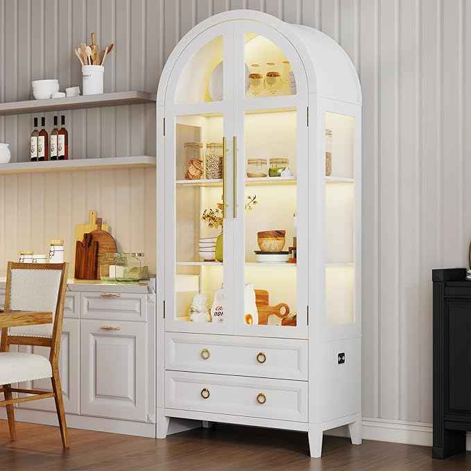 Arched Curio Cabinet with Glass Doors, 4-Tier Display Cabinet with 2 Drawers, Tall Bookcase with 3 Color Lights, Display Case, Kitchen Pantry (White)