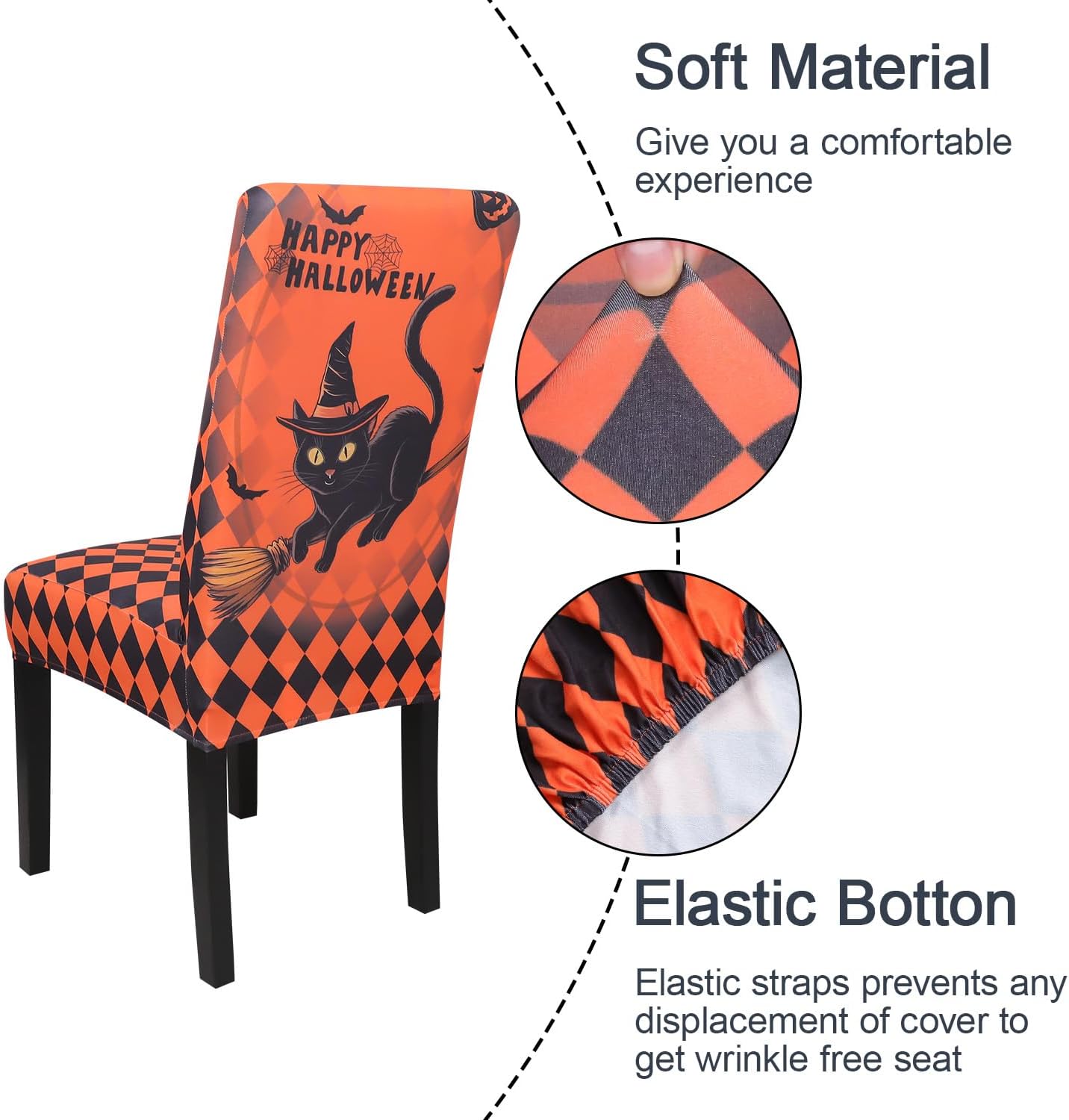 JQinHome Orange Halloween Chair Slipcover,Cat Chair Covers Set of 6, High Stretch Washable Chair Protector Cover for Dining Room, Kitchen,Home Party,Wedding Ceremony(Cat Orange,6PC)