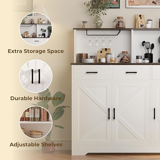 GarveeHome Farmhouse Sideboard Buffet Cabinet with Microwave Stand, Barn Doors Buffet Storage Cabinet with Drawers and Shelves, Wood Coffee Bar Pantry for Kitchen, Dining Room, Living Room, White