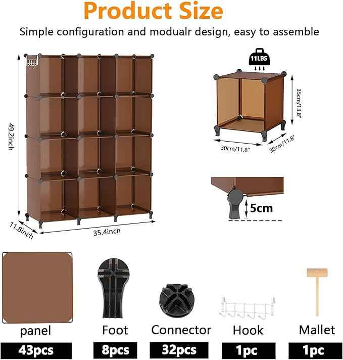 AWTATOS Cube Storage Organizer, Storage Cubes Shelves Bookshelf, 12 Cube Closet Organizers and Storage, DIY Stackable Plastic Clothes Organizer Shelving for Bedroom, Home, Cocoa Brown