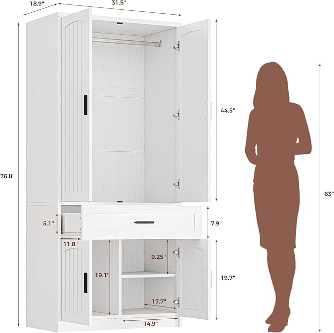 LIKIMIO 77" Tall Armoire Wardrobe Closet, Wooden Wardrobe with 4-Door and Drawer, White Clothes Storage Cabinet with Hanging Rod and Adjustable Shelves for Bedroom