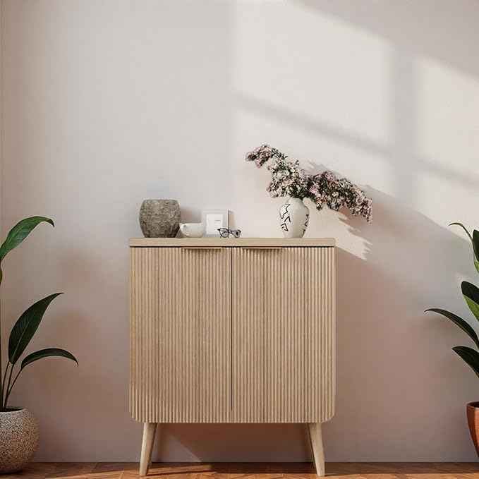 23.6" Modern Fluted Sideboard Cabinet with 2 Doors, Wood Storage Credenza with Shelves, Multi-Purpose Buffet Cabinet for Entryway, Dining & Living Room, Natural Wood