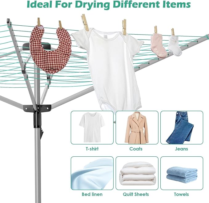 Umbrella Clothesline Outdoor,165 Feet Heavy Duty Outdoor Clothesline for Backyard 12 Lines 4 Arms, Adjustable Height Foldable Retracting Collapsible Clothes Drying Rack for Backyard