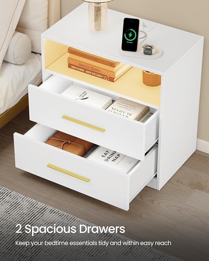 VASAGLE Custos Collection - Nightstand with Charging Station, LED Lights, Modern Night Stand, Side End Table with Drawers, Open Shelf, 2 AC Outlets USB Ports, Cloud White ULET639WB01S