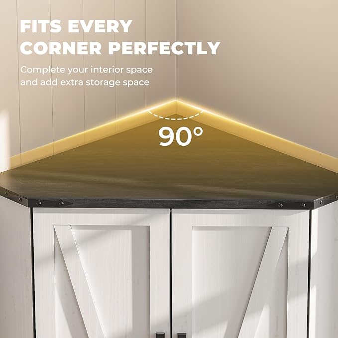 Dripex 71" Corner Cabinet White, Farmhouse Kitchen Pantry Cabinet with Doors Storage & Adjustable Shelves, Tall Corner Storage Cabinet with LED Light, Food Pantry for Living Room, Dining Room