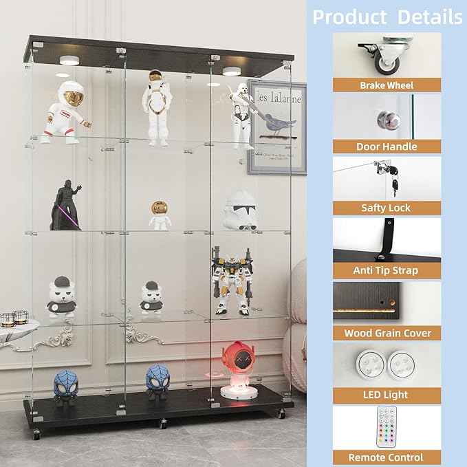 Beauty4U Glass Display Cabinet with LED Lights, Extra Large 3 Columns 2 Doors Curio Cabinets with 12 Shelves for Living Room, Bedroom, Office, Black Floor Standing DIY Glass Bookshelf