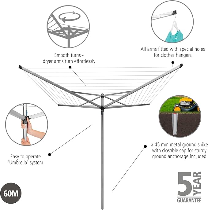 Brabantia Topspinner Outdoor 4 Arm Spinning Clothesline (197 ft/Ø 1.8") Rotating, Folding Clothes Drying Rack + Ground Spike (Gray)
