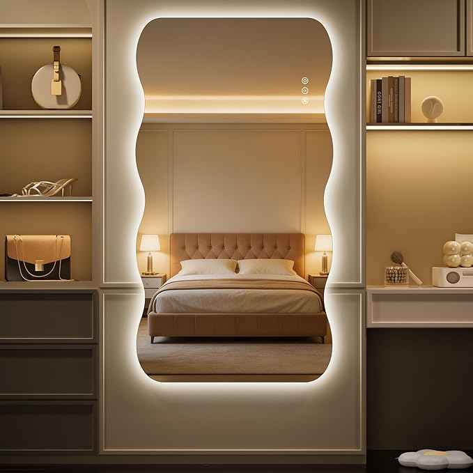 Hasipu Wavy Full Length Mirror with Lights - 60"×36" LED Wavy Floor Mirror, Frameless, Dimmable, Standing or Vertical/Horizontal Wall-Mounted Mirror for Bedroom, Living Room, Cloakroom