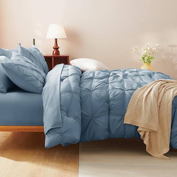 CozyLux Queen Comforter Set Mineral Blue, 7 Pieces Pintuck Bed in A Bag, Premium Blue Comforter Queen Size, Pinch Pleat Bedding Sets with Comforter, Flat Sheet, Fitted Sheet, Pillowcases & Shams
