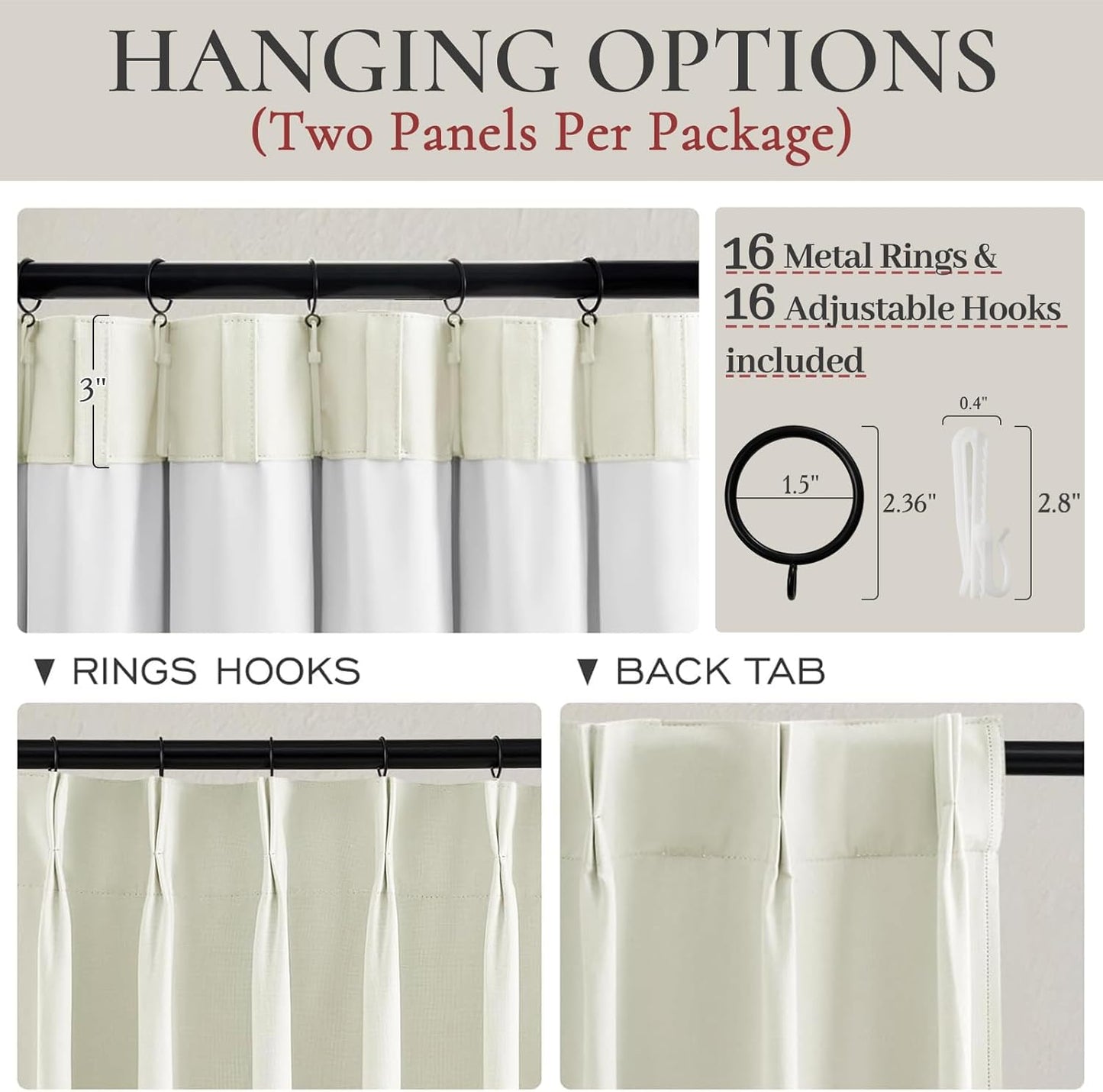 Cute Short Window Blackout Kitchen Curtains 45 Inches Long 2 Panels Set, Farmhouse Light Cream Linen Pinch Pleated Linen Drapes with Hooks Rings Thermal Heat Blocking Ivory White Curtain for Windows