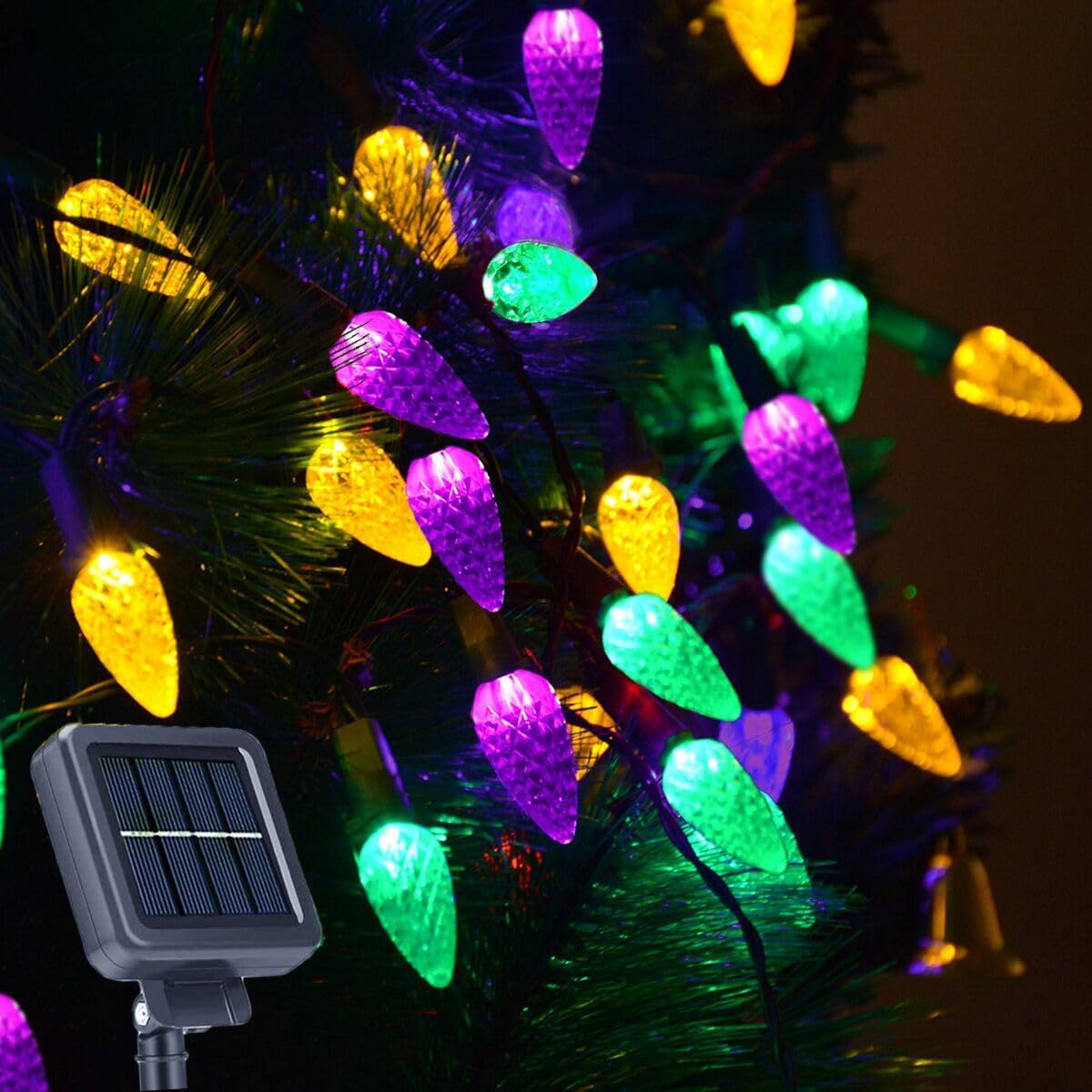 Solar Halloween Lights Christmas Lights C6 Strawberry String Lights Mardi Gras String Lights, 100 LED 8 Modes Waterproof Outdoor Use for Mardi Gras Christmas Tree Camping Balcony Halloween Party Decor