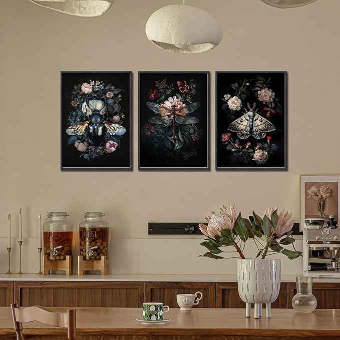Dark Botanical Insect Canvas Wall Art Gothic Insect And Botanical Posters Prints Dark Academia Moody Floral Cottagecore Art Painting Vintage Dragonfly Beetle Moth Pictures Wall Decor Unframed