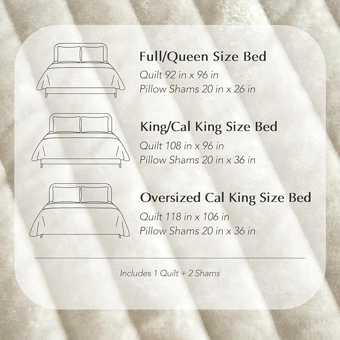 EVERGRACE Velvet Quilt Set Queen Size, Luxurious Soft Striped Channel Bedding Set, Lightweight Velvet Comforter for All Season, Oversized Bedspread Coverlet with 2 Matching Shams, Beige
