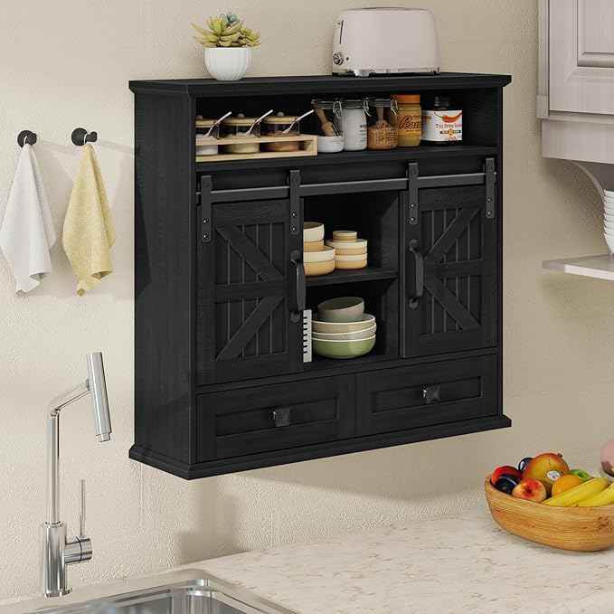 Vabches Bathroom Wall Cabinet, Farmhouse Medicine Cabinet with Double Sliding Barn Door and Storage Drawer, Wooden Vintage Storage Cabinet Wall Mounted for Bathroom, Kitchen, Rustic Black