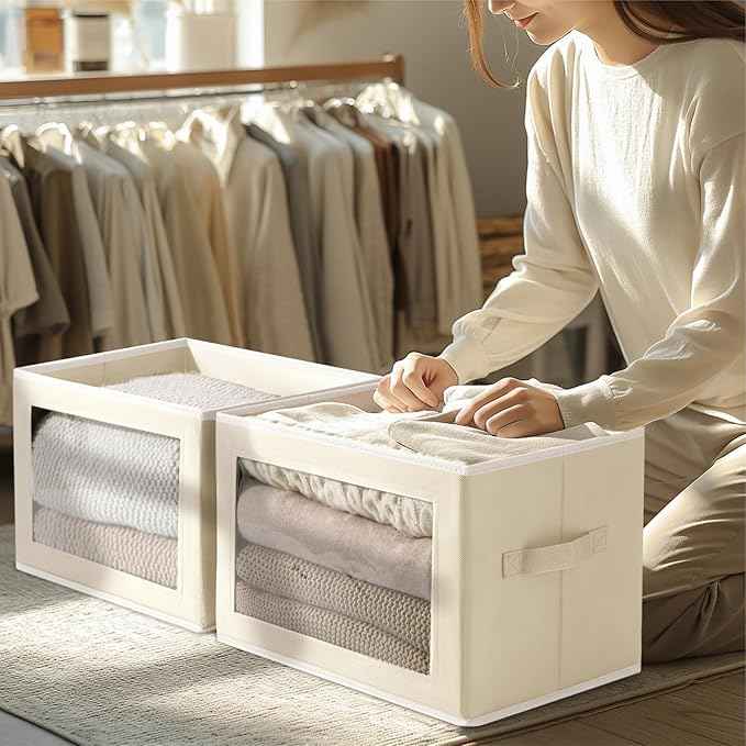 Fabric Closet Storage Bins with Window & Clothes Storage Bins with Handles, Home Decorative Boxes for Clothes, Closet, Office, Beige