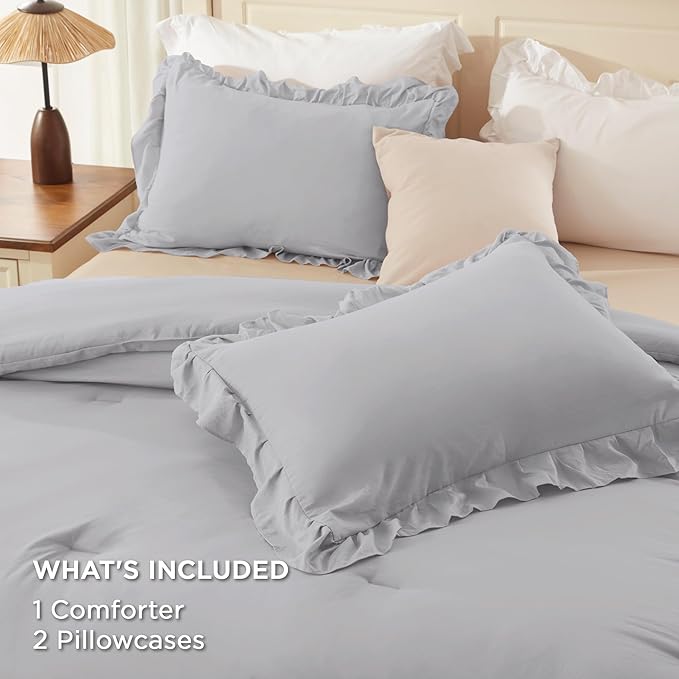 Andency Light Gray California King Comforter Set, 3 Pieces Lightweight Fluffy Farmhouse Shabby Chic Bedding Comforter Sets, Soft Microfiber All Season Cal King Bed Sets(104x96Inch)