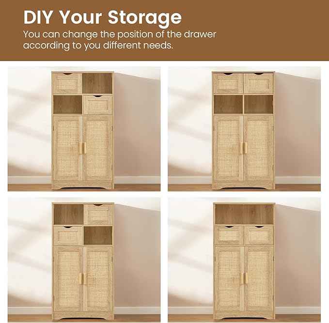 Iwell Storage Cabinet with 2 Drawers & Adjustable Shelves, Rattan Cabinet, Kitchen Pantry Cabinets, Cupboard for Living Room, Kitchen, Home Office, Natural SNG008NR