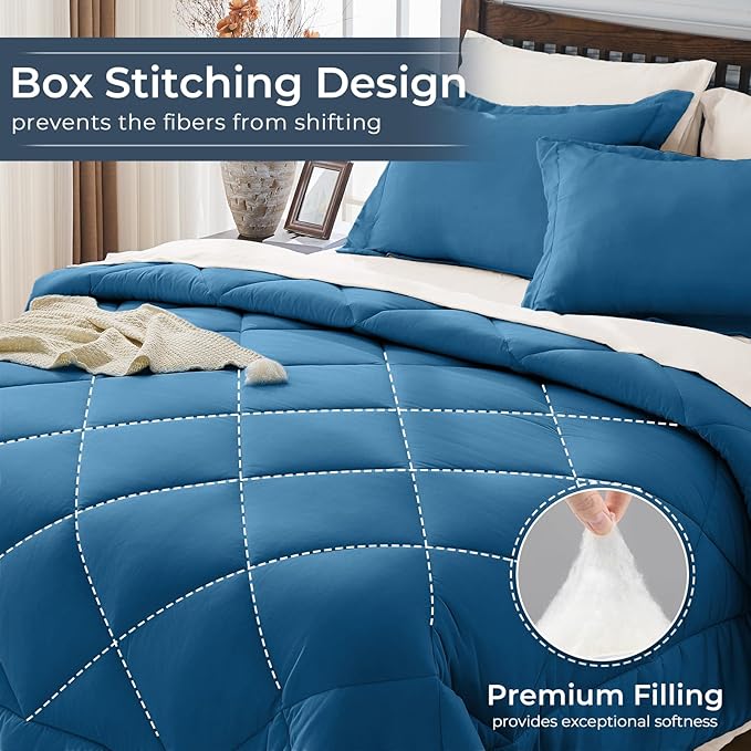 HEVUMYI Teal Blue & Ivory Queen Comforter Set - 7-Piece All Season Bed in a Bag Queen, Ultra Soft Bedding Set with Comforter, Flat Sheet, Fitted Sheet, Pillowcases, Pillow Shams, Teal Blue & Ivory