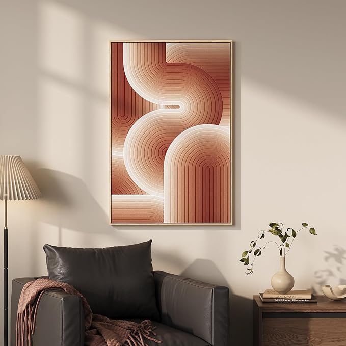 3D Textured Framed Orange Abstract Wall Art, Modern Minimalist Red and Beige Geometric Paintings Artwork for Walls, Large Pictures for Living Room Dining Room Bedroom Office Wall Decor 24x36 In
