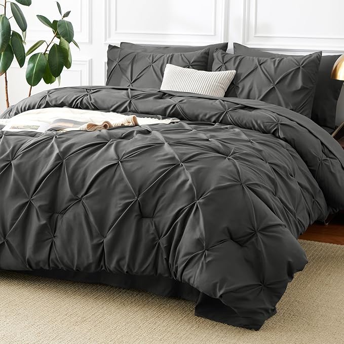 CozyLux Twin Comforter Set with Sheets Dark Grey, 5 Pieces Pintuck Bed in A Bag, Twin Bed Set Gift for Family, Pinch Pleat Bedding Set with Comforter, Sheets, Pillowcase & Sham