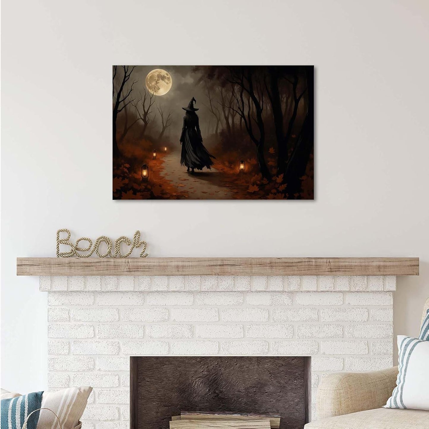 JFHCQJPK Moonlight witch poster dim lantern Halloween decoration Gothic style dark retro college style canvas wall art suitable for living room bedroom12x16in Frameless