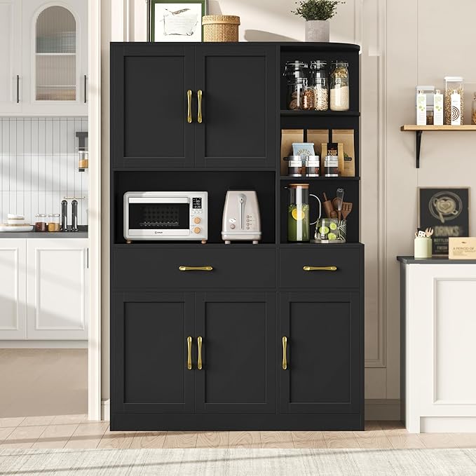 67" Kitchen Pantry Cabinet, Modern Kitchen Hutch with 5 Doors and 2 Drawers, 3-Tier External Shelf, Large Pantry Storage Cabinet with Microwave Stand for Dining Room, Black
