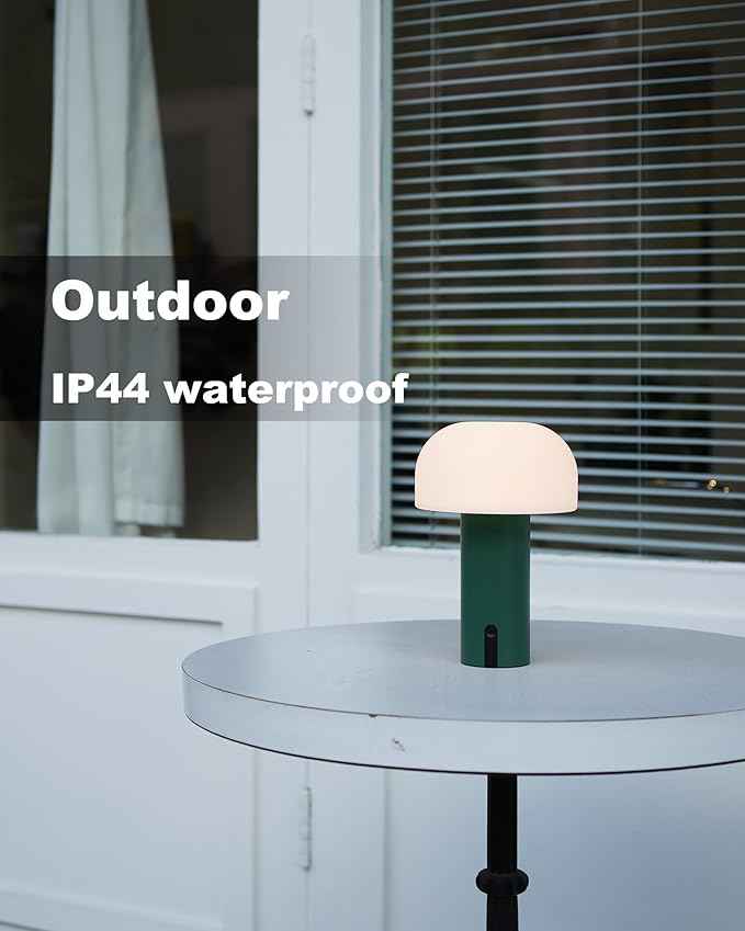 Cordless Mushroom Table Lamp, Waterproof Shower Lamp, Battery Operated Table Lamp Rechargeable, Touch Dimmable Night Light for Bedroom/Patio/Camping/Dinning/Outdoor (Green)