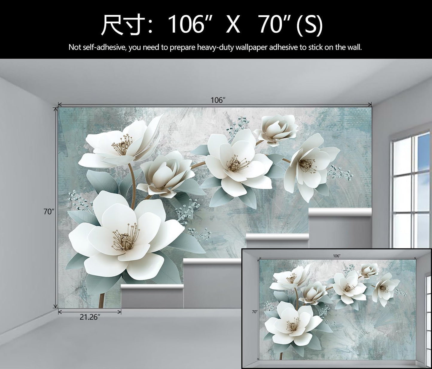 WFBHUA-Green Floral Wallpaper Mural Modern Large 3D Art Flower Wallpaper for Living Room Bedroom Bathroom Wall Mural(Not Peel and Stick)