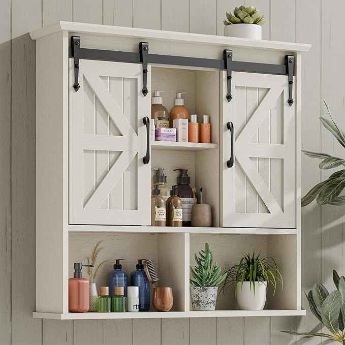 Vabches Bathroom Wall Cabinet, Farmhouse Medicine Cabinet with Double Sliding Barn Door and Adjustable Shelves, Wooden Vintage Storage Cabinet Wall Mounted for Bathroom, Kitchen Dining, White