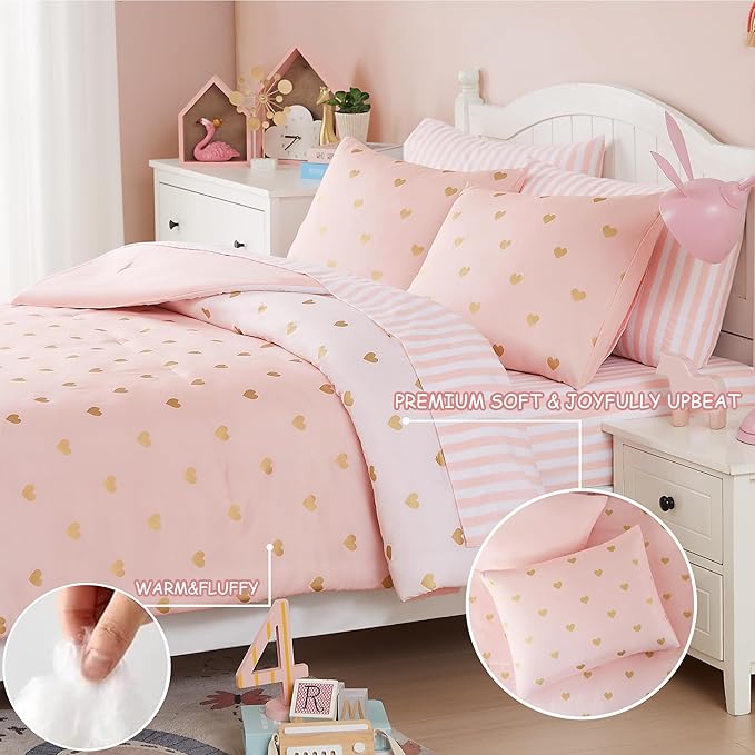 Twin Comforter Set with Sheets for Girls-5 Pieces Twin Bedding Sets with Pink Comforter, Sheets, Pillowcase & Sham for Kids (Pink Gold Heart, 66" X 86")