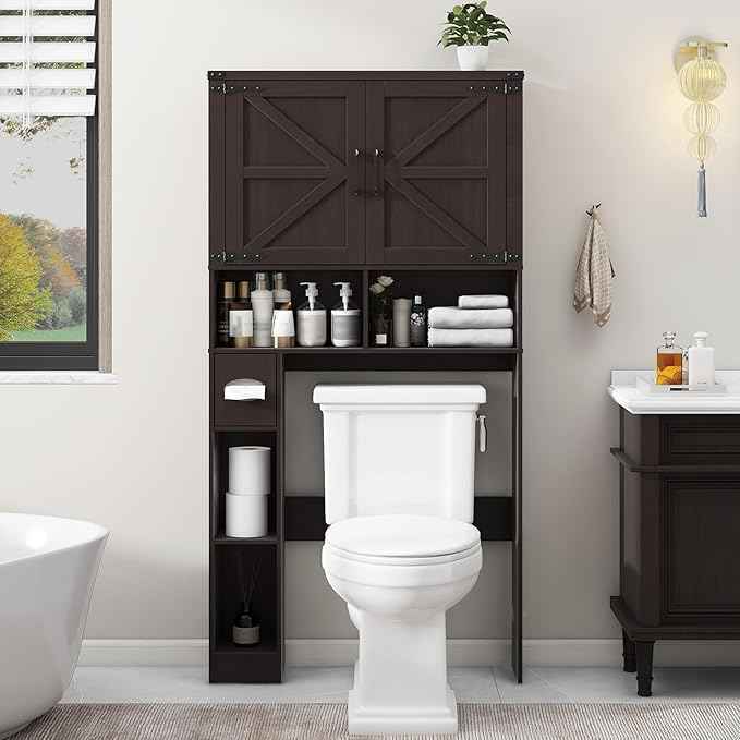 Vabches Over The Toilet Storage Cabinet, Farmhouse Storage Cabinet Over Toilet with 2 Barn Doors & Toilet Paper Holder Stand，Home Space-Saving Toilet Rack, for Laundry, Restroom, Bathroom.Walnut